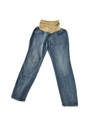 Indigo Blue Straight Leg Maternity Jeans in Blue with Beige Overband